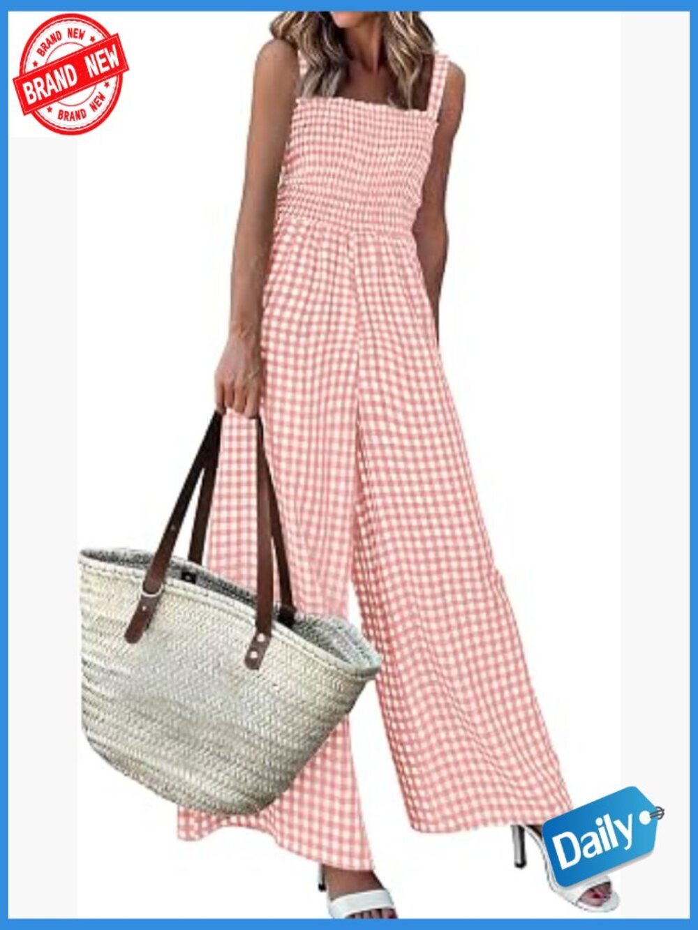 Gingham Square Neck Smocked Wide Leg Jumpsuit Romper Sleeveless Pockets
